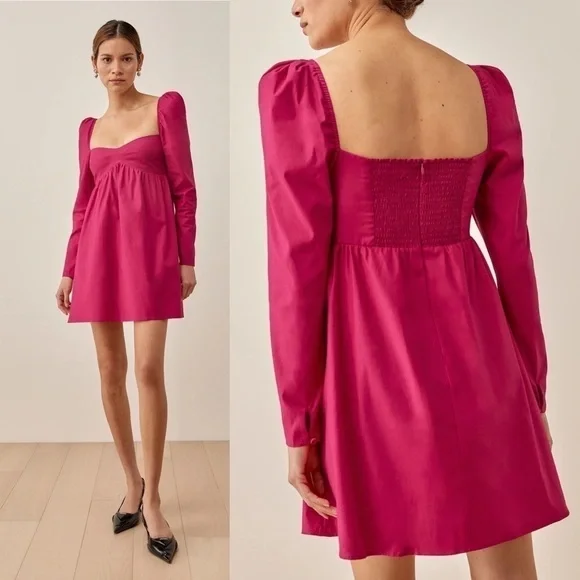 Reformation Dress Kenzi Long-Sleeve Babydoll Empire Mini Pink Rhubarb 4 GUC - Picture 9 of 10